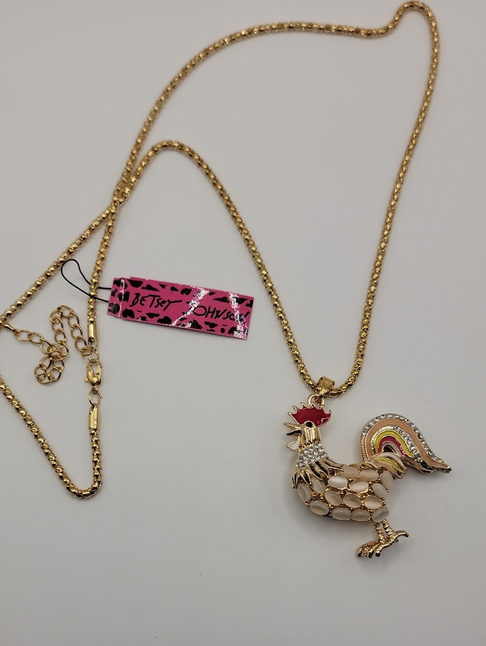 Betsey Johnson Gold Rooster Pendant Necklace with White and Red Accents